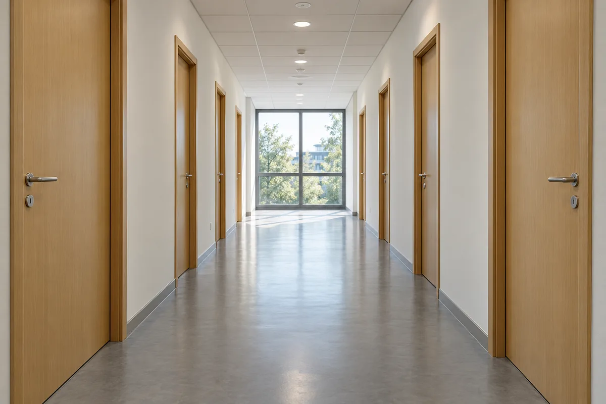 Couloir de bureaux aux portes en bois clair fermées, chacune équipée de son cylindre chromé