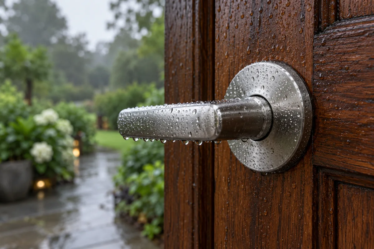 Poignée et rosace en inox d&rsquo;une porte d&rsquo;entrée en bois couvertes de fines gouttes de pluie