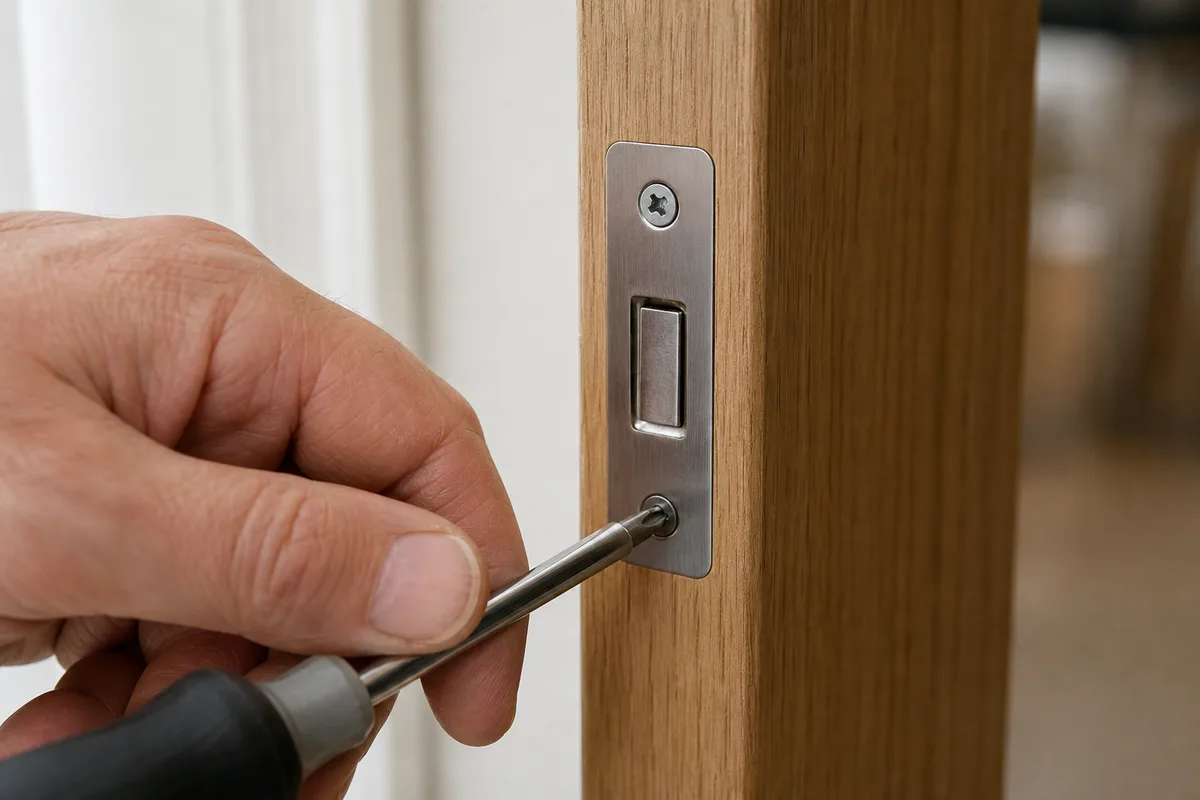 Main resserrant la vis de fixation d&rsquo;une serrure sur la tranche d&rsquo;une porte, tournevis en main